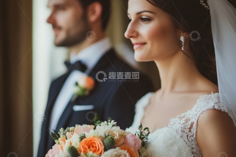 高清大图下载【趣麦麦图】拿着鲜花的一对新人