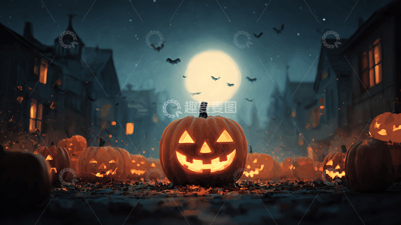 高清大图下载【趣麦麦图】万圣节夜晚的南瓜灯盛宴 