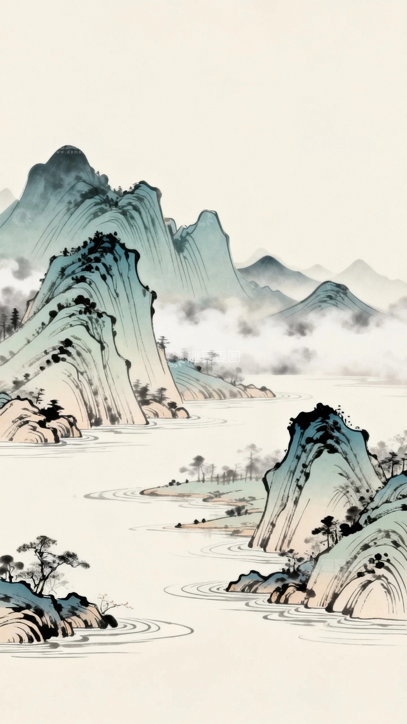 高清大图下载【趣麦麦图】工笔画国风山水图1