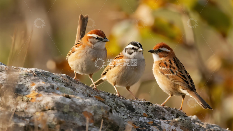 高清大图下载【趣麦麦图】生物百科鸟类之三只三道眉草鹀