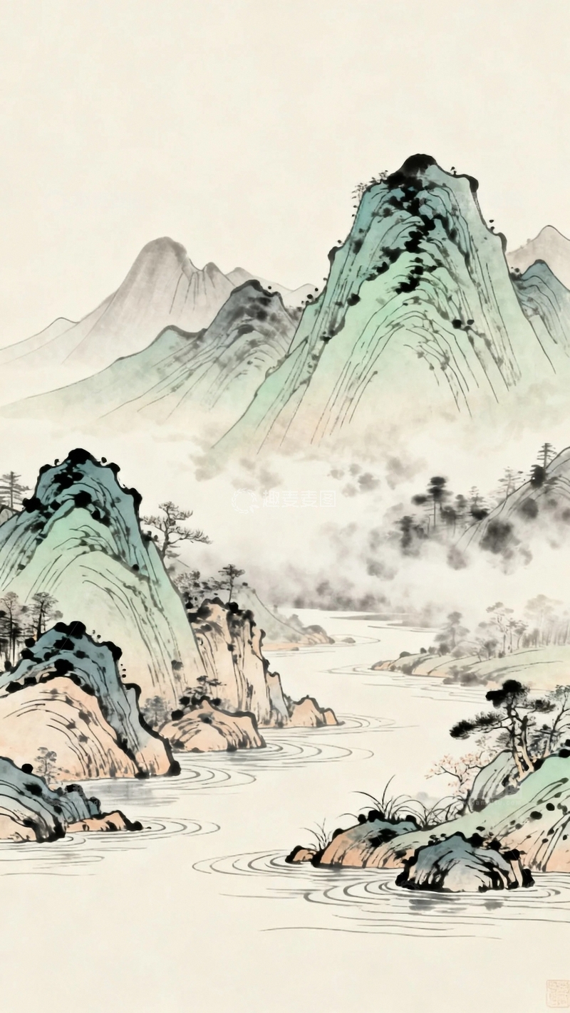 高清大图下载【趣麦麦图】工笔画国风山水图5