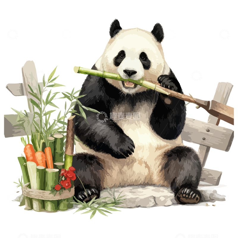 源文件下载【趣麦麦图】-熊猫竹笋卡通插画