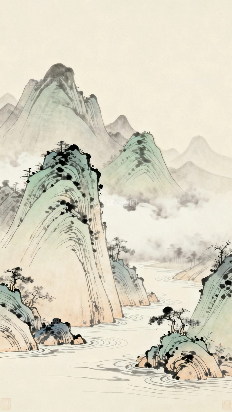高清大图下载【趣麦麦图】工笔画国风山水图2