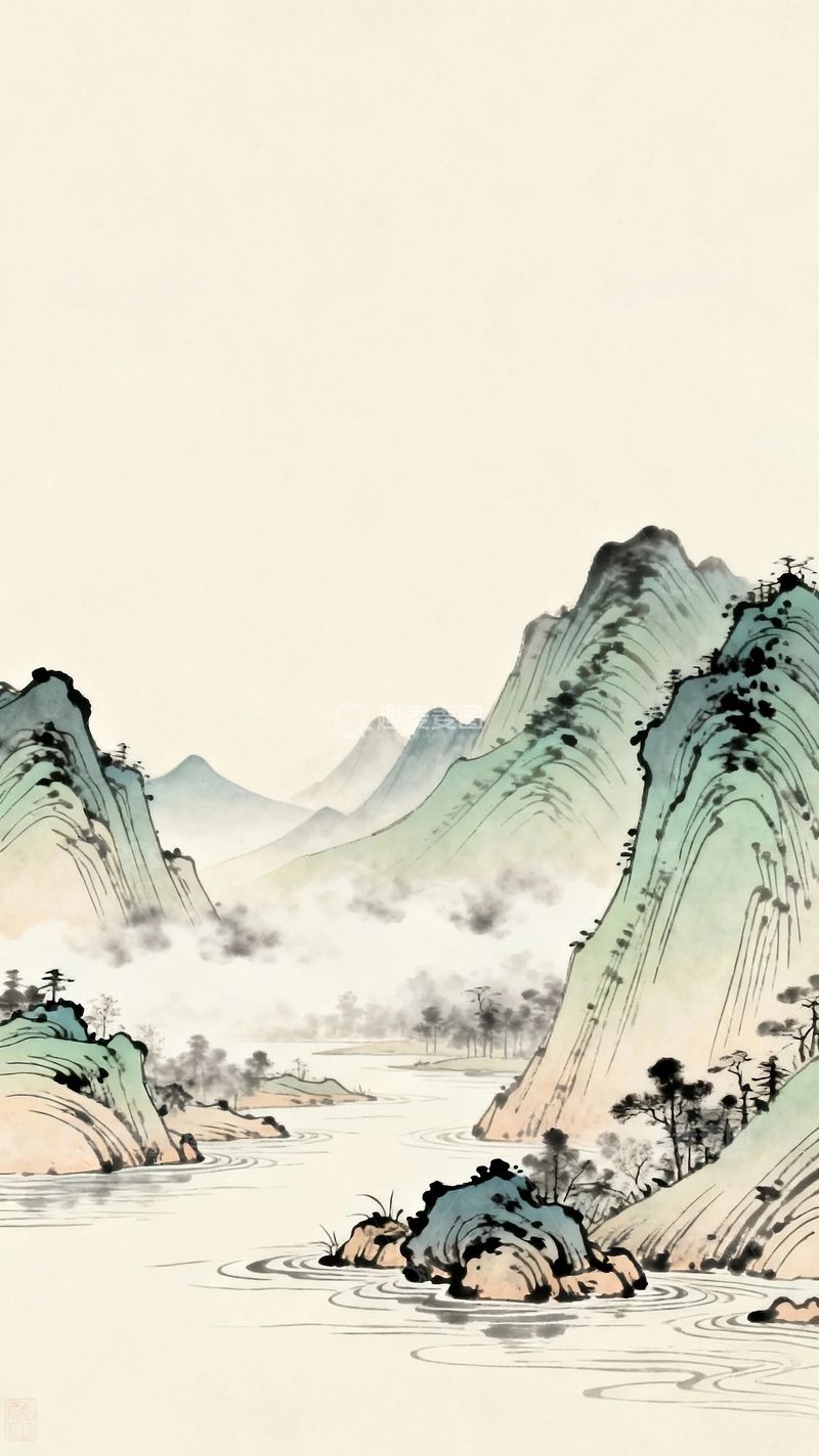 高清大图下载【趣麦麦图】工笔画国风山水图6