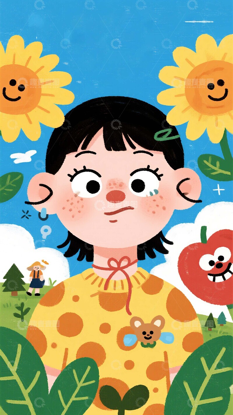 高清大图下载【趣麦麦图】向日葵与女孩童趣风格插画