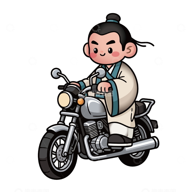 源文件下载【趣麦麦图】古风骑摩托车卡通插画