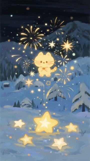 雪夜烟火中的猫咪星星插画