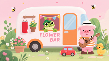 粉色花车动物乐队童趣插画4