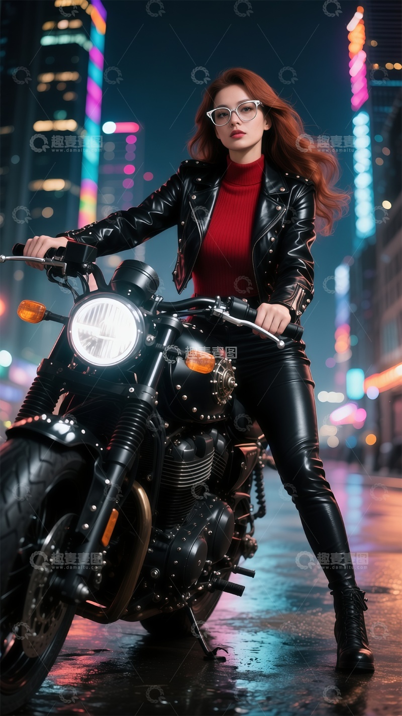 高清大图下载【趣麦麦图】-都市夜色酷女摩托摄影