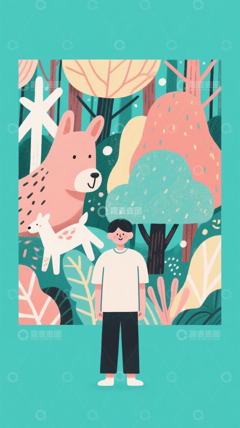 高清大图下载【趣麦麦图】青绿色背景森林男孩与鹿插画