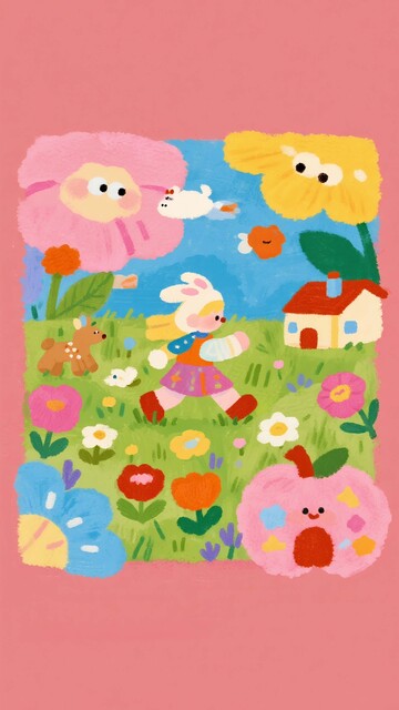 粉色背景童趣花园插画