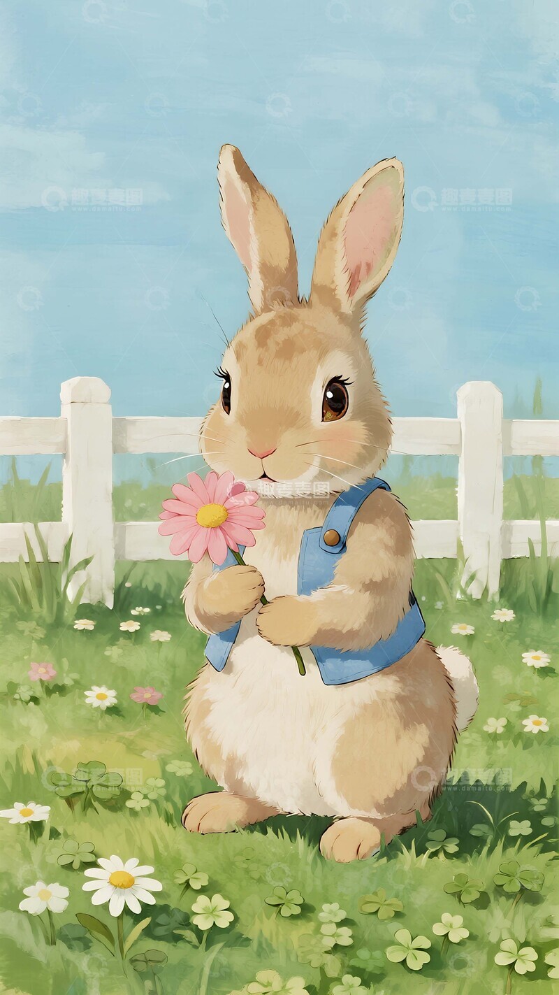 高清大图下载【趣麦麦图】草坪白兔持花温馨插画