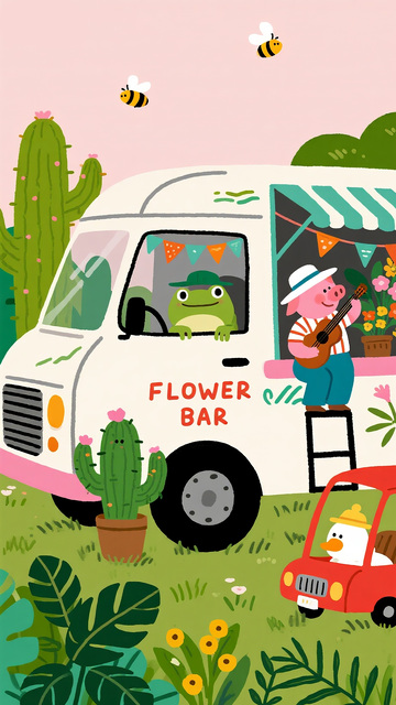 粉色花车动物乐队童趣插画1