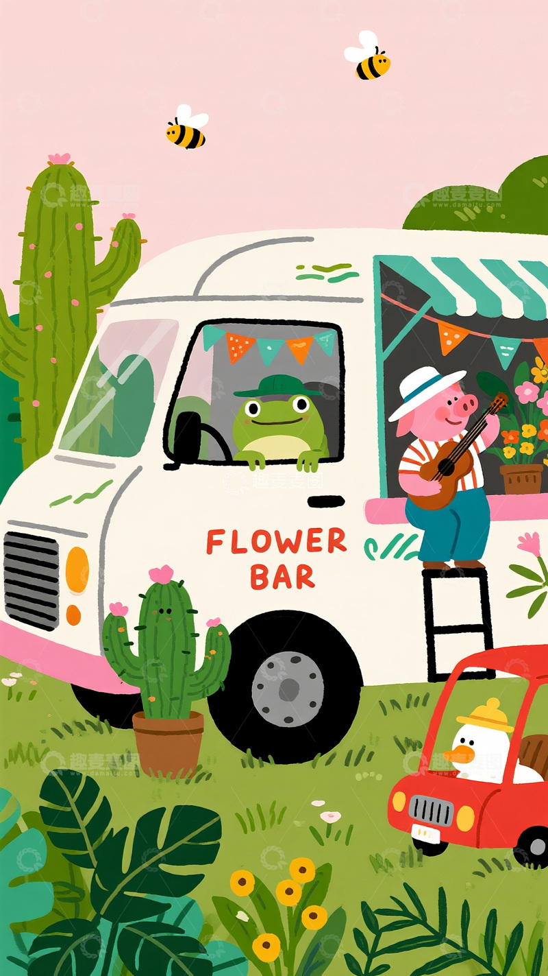 高清大图下载【趣麦麦图】粉色花车动物乐队童趣插画1