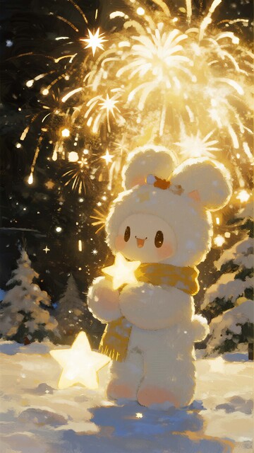 雪夜烟火下的兔子星星插画