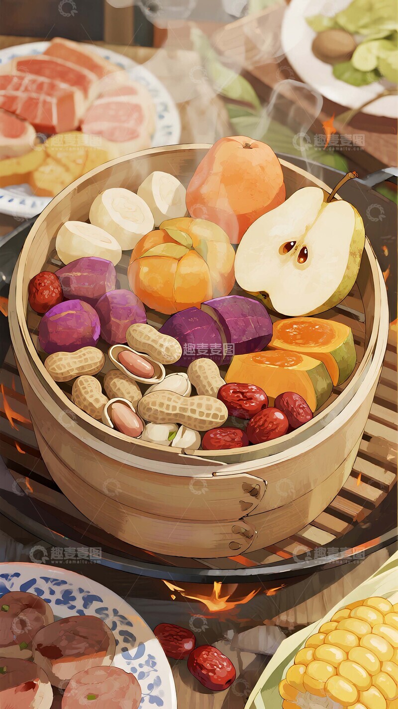 高清大图下载【趣麦麦图】蒸笼什锦杂粮美食插画3