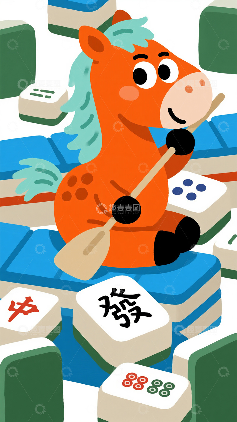 高清大图下载【趣麦麦图】卡通小马与麻将元素创意插画