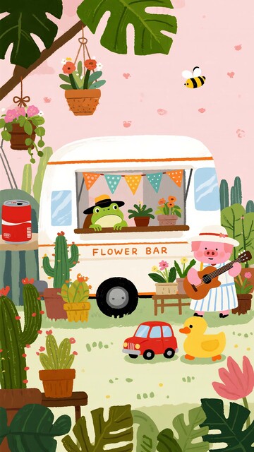 粉色花车动物乐队童趣插画2