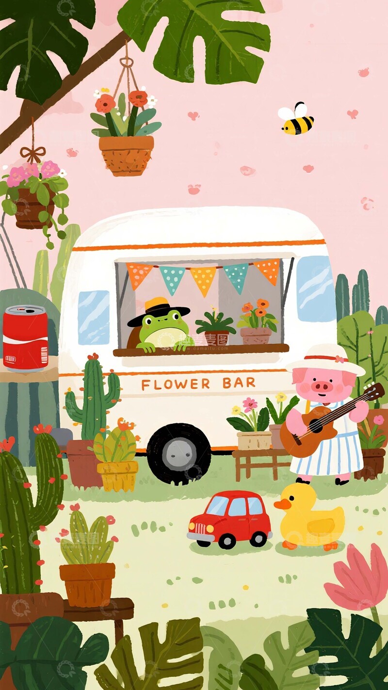 高清大图下载【趣麦麦图】粉色花车动物乐队童趣插画2