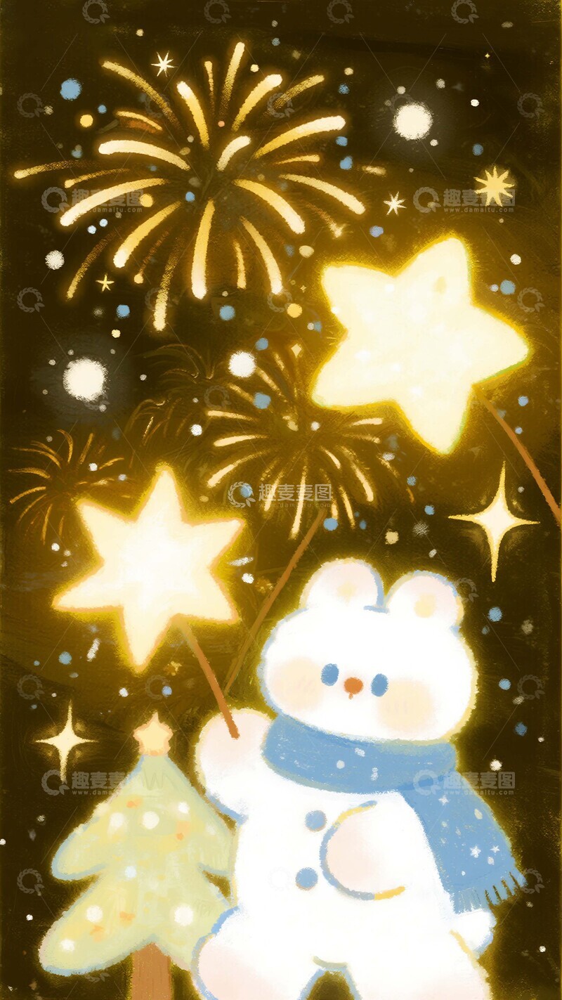 高清大图下载【趣麦麦图】雪夜烟火星星趣味插画