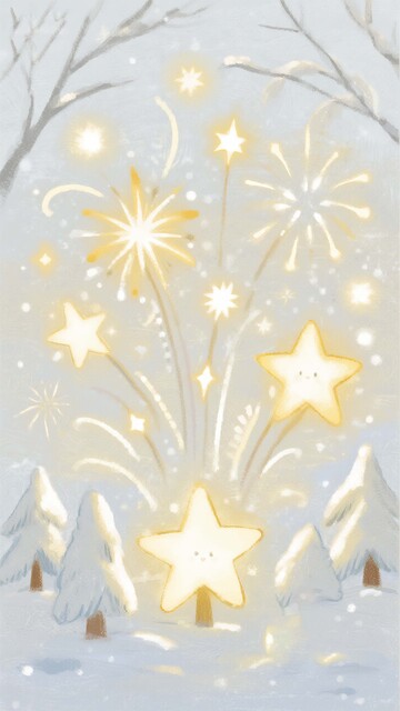 梦幻烟火下的白熊星星插画