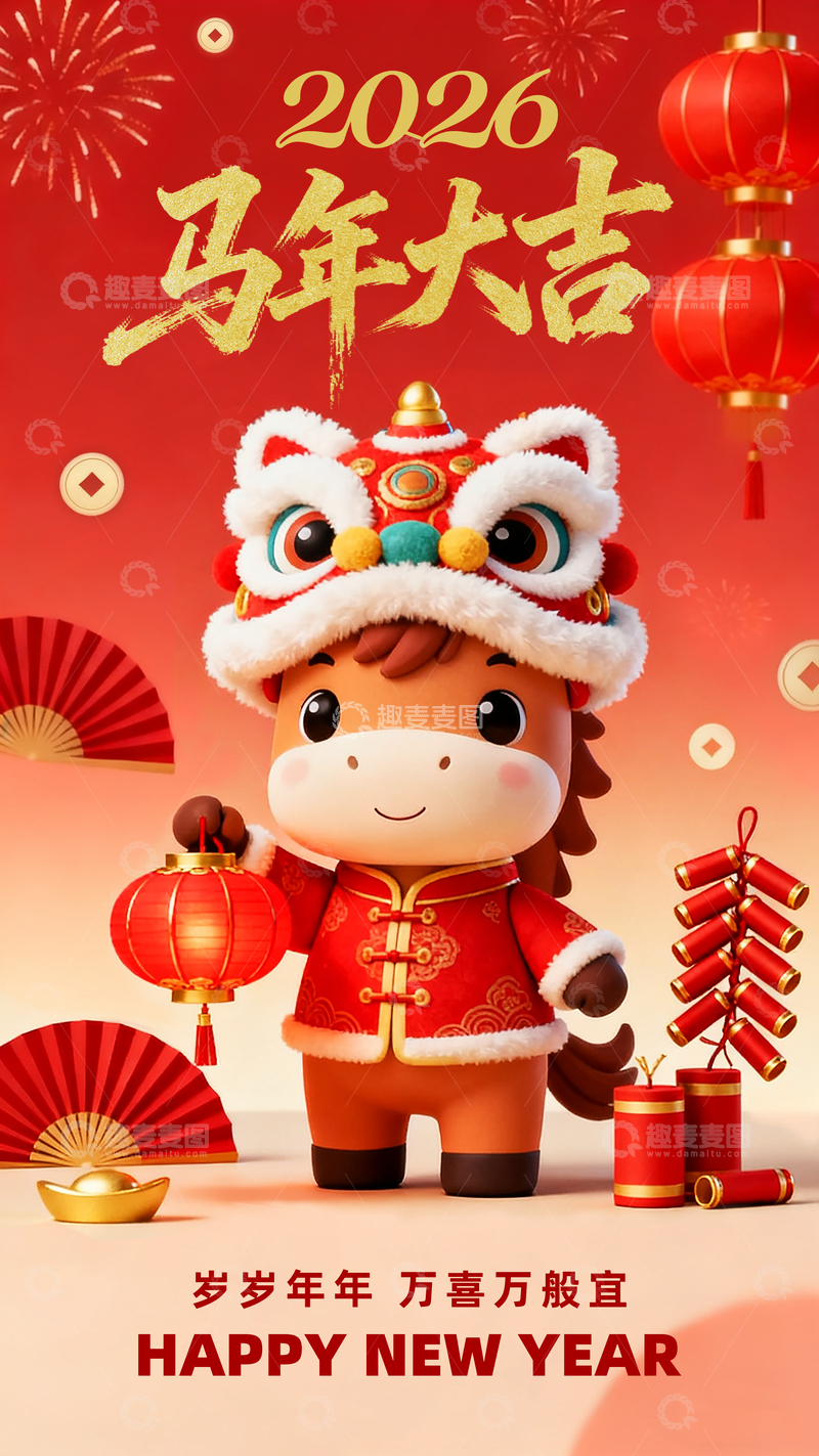 2026马年大吉新年红色喜庆卡通海报