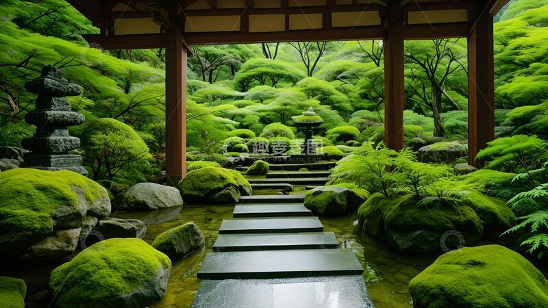 高清大图下载【趣麦麦图】日式庭院绿意盎然石阶景致