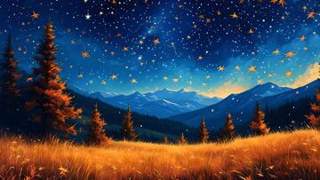 星空下的森林美景夜景油画插画