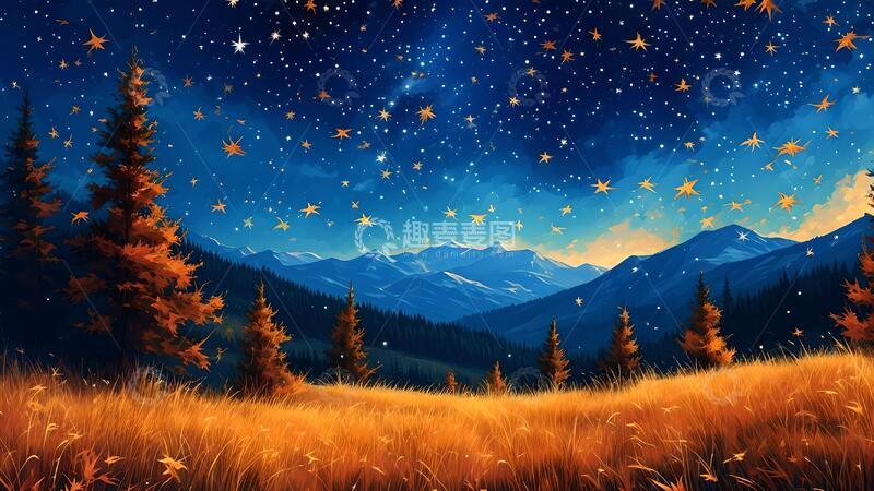 高清大图下载【趣麦麦图】星空下的森林美景夜景油画插画