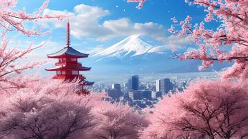 樱花富士山日式风景动漫插画