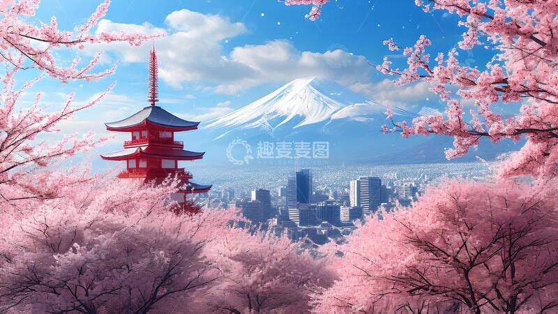 高清大图下载【趣麦麦图】樱花富士山日式风景动漫插画