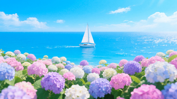 绣球花海帆船风景插画清新唯美