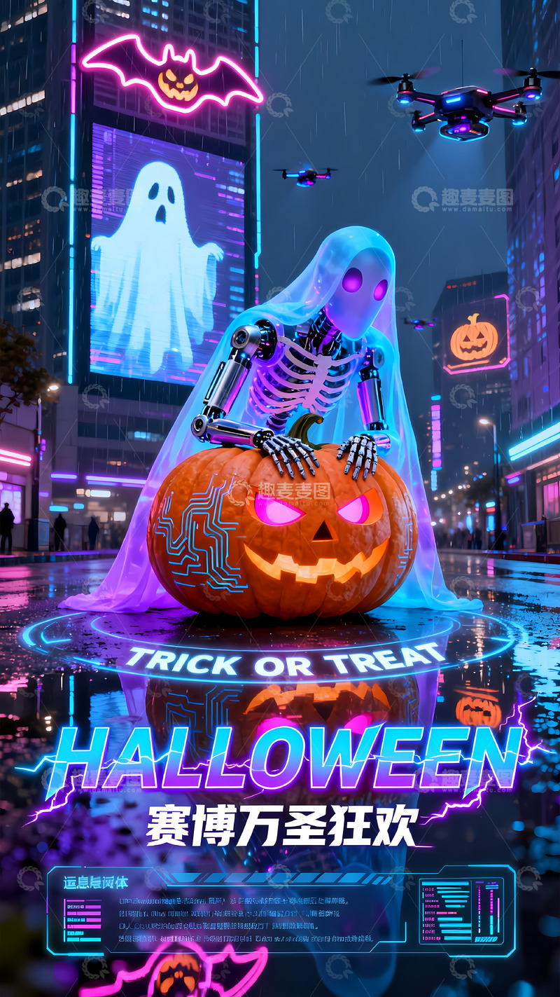 高清大图下载【趣麦麦图】-霓虹灯万圣节骷髅南瓜城