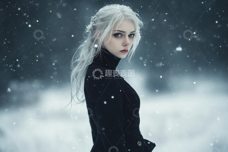 高清大图下载【趣麦麦图】雪地里的白发女性