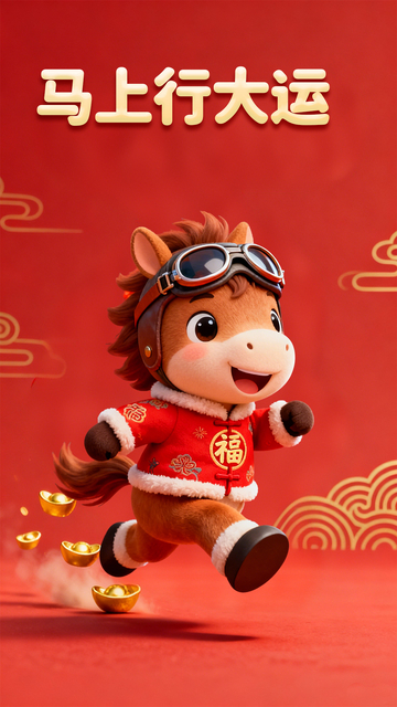 红色卡通小马简约立体简约中国风马年海报2