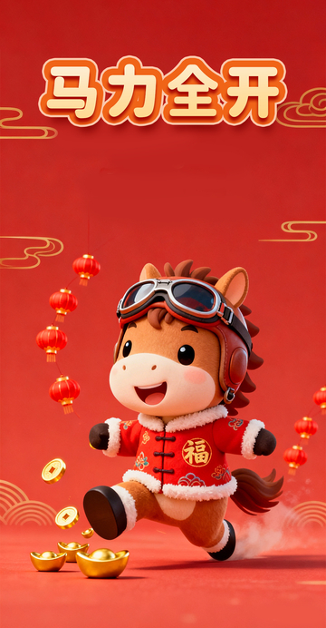 红色卡通小马简约立体简约中国风马年海报3