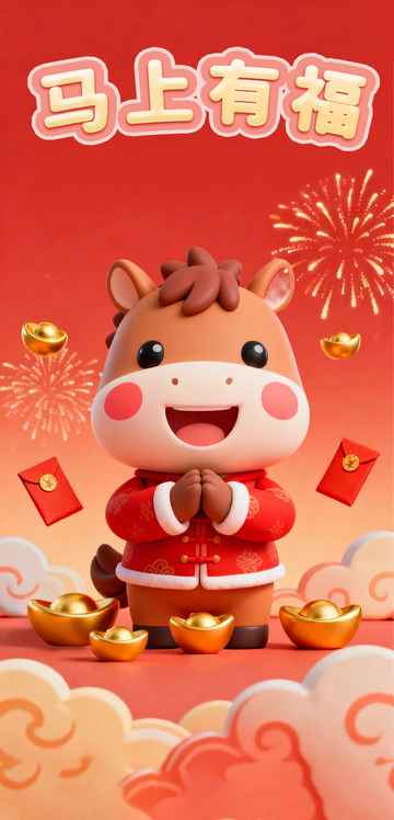 红色卡通小马简约立体简约中国风马年海报
