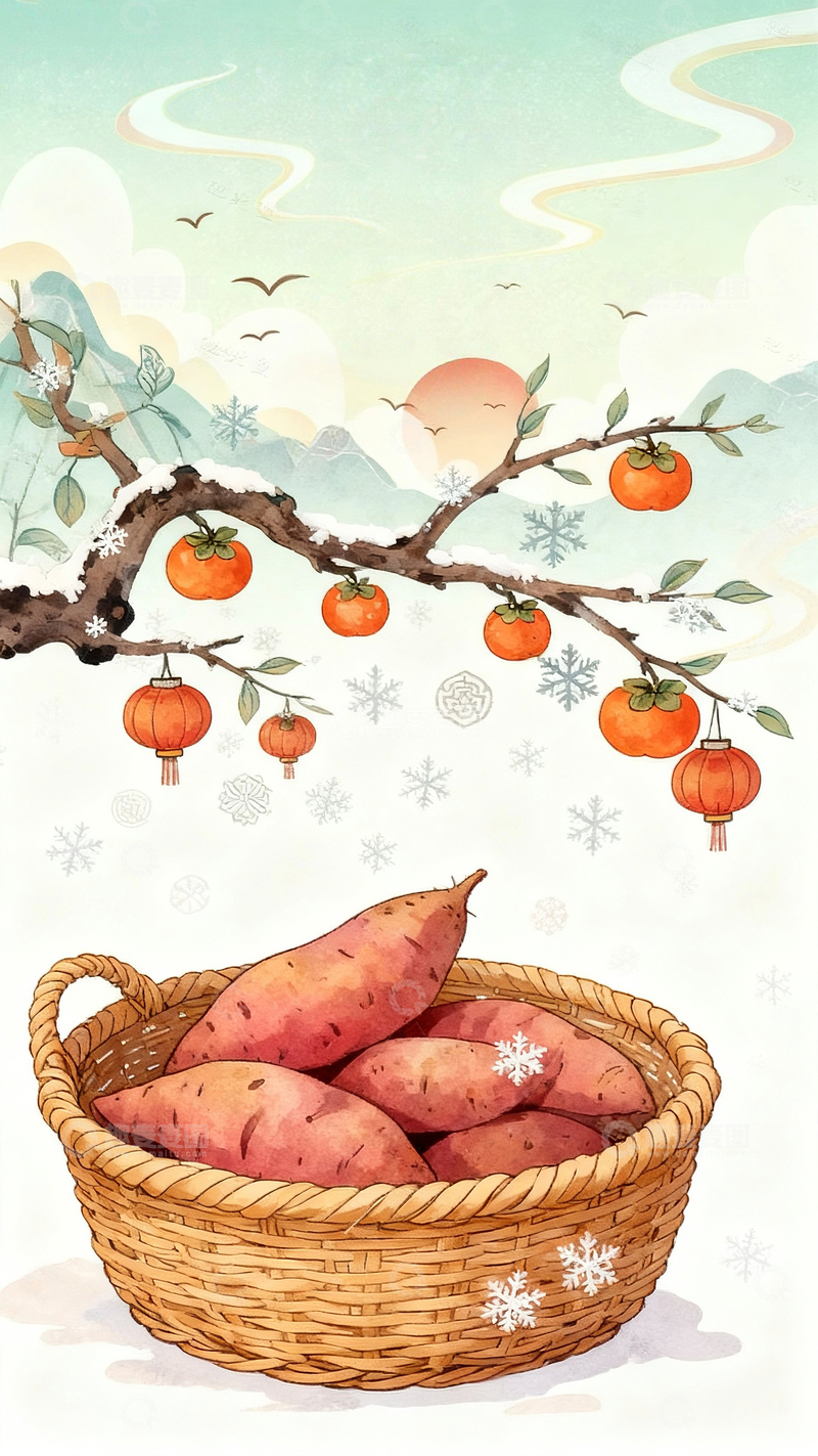 高清大图下载【趣麦麦图】国潮风格冬季美食烤红薯插画