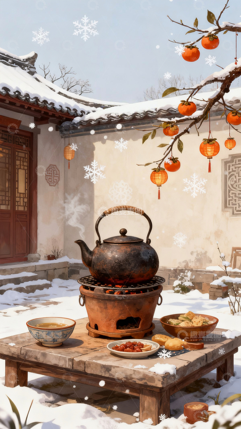 高清大图下载【趣麦麦图】卡通手绘冬季积雪的院子