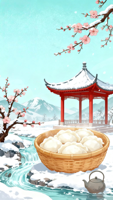 卡通手绘下雪天积雪亭子插画