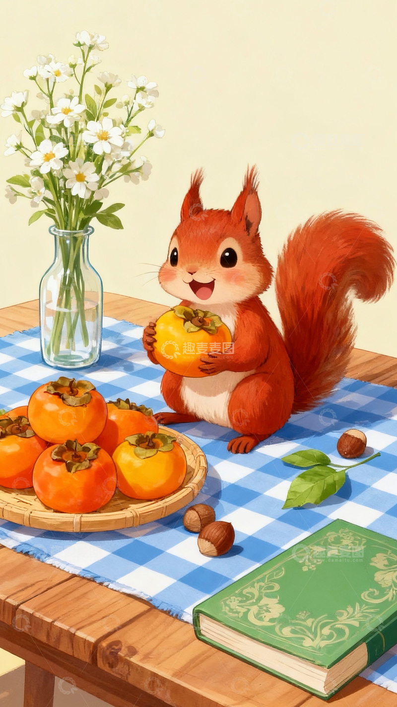 高清大图下载【趣麦麦图】卡通手绘秋季柿子和小松鼠插画