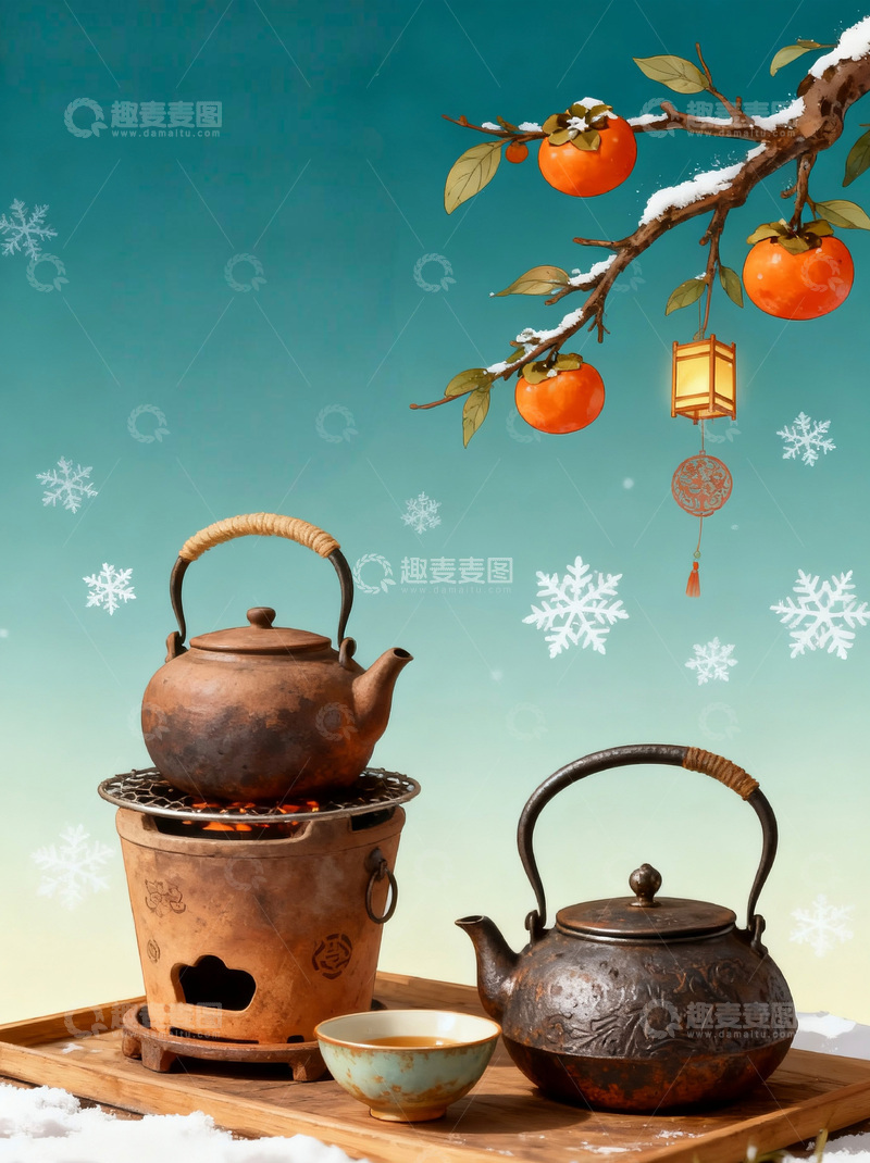 高清大图下载【趣麦麦图】冬季围炉煮茶创意插画