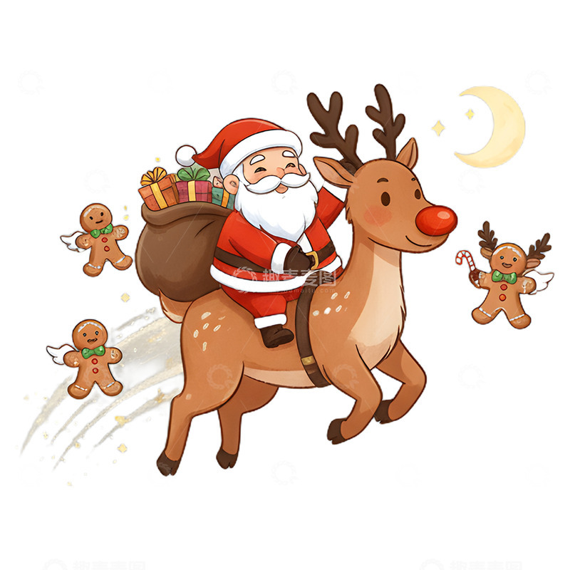 高清大图下载【趣麦麦图】圣诞老人骑着驯鹿免抠元素