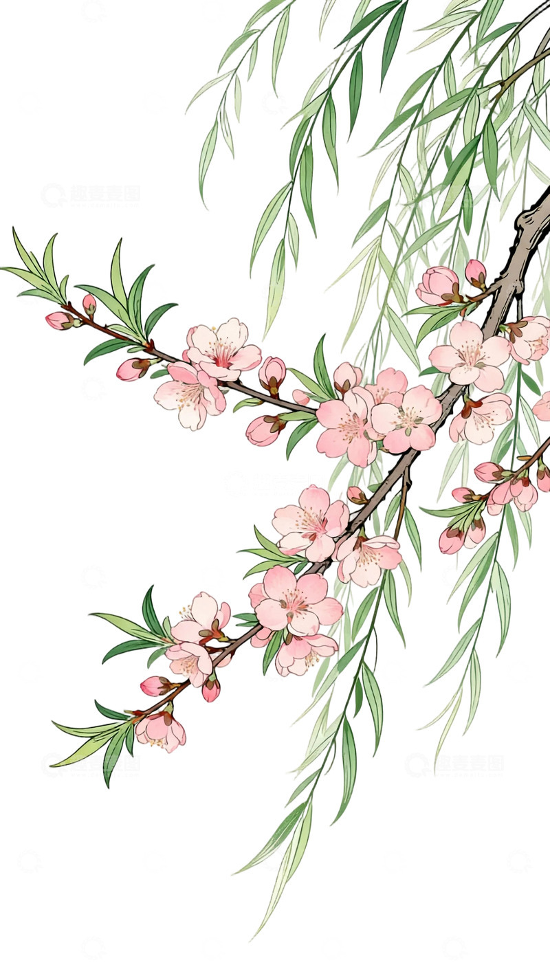 高清大图下载【趣麦麦图】工笔画桃枝柳条免扣元素8