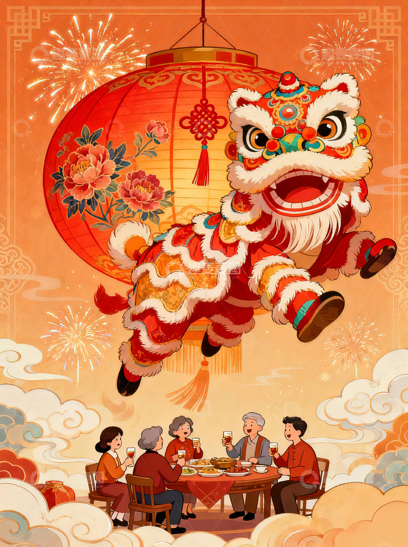 高清大图下载【趣麦麦图】国潮风格冬季创意舞狮团圆饭插画