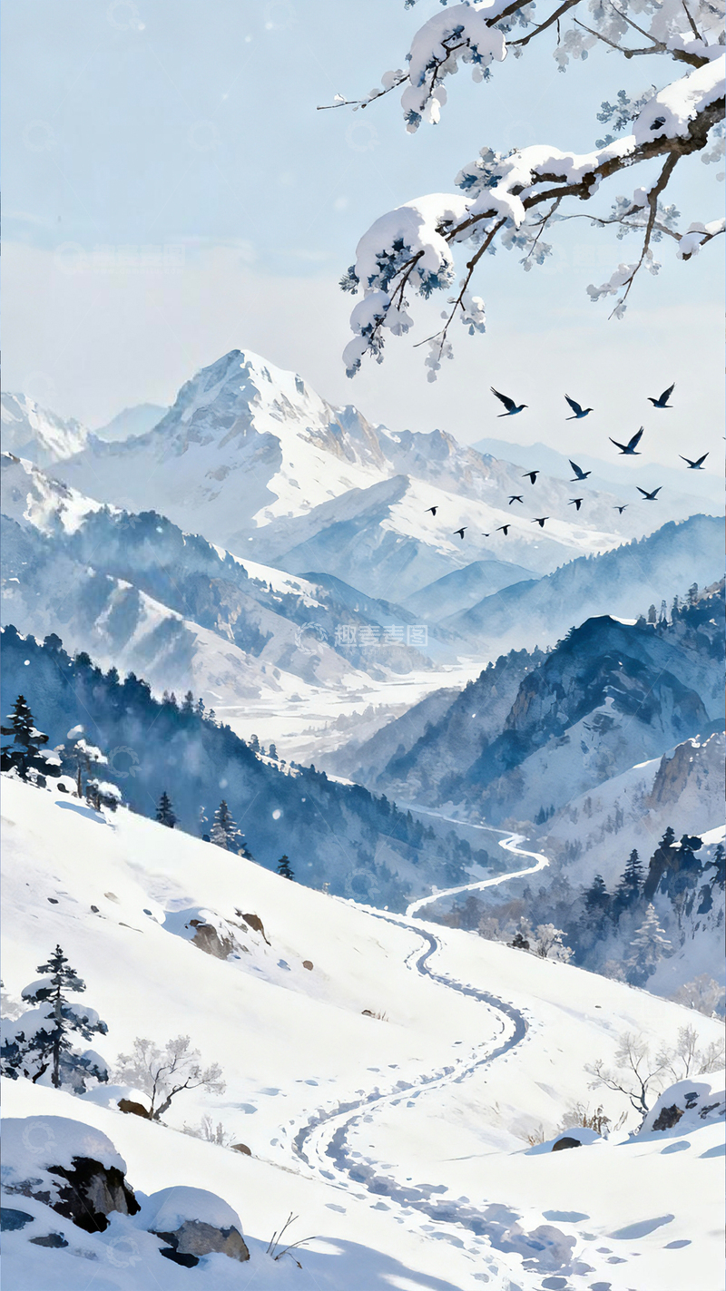 水彩风格冬季雪山插画
