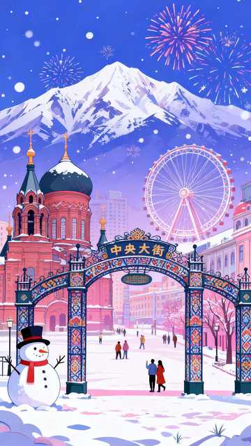 冬季哈尔滨地标插画