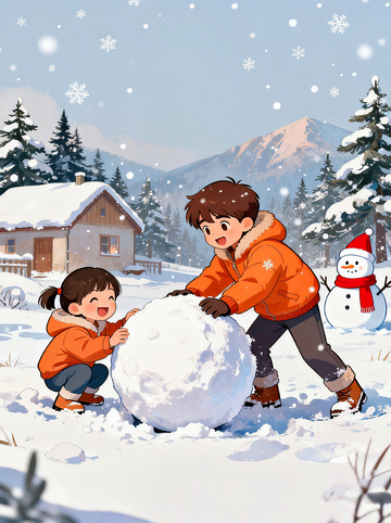 卡通风格冬季小朋友堆雪人插画