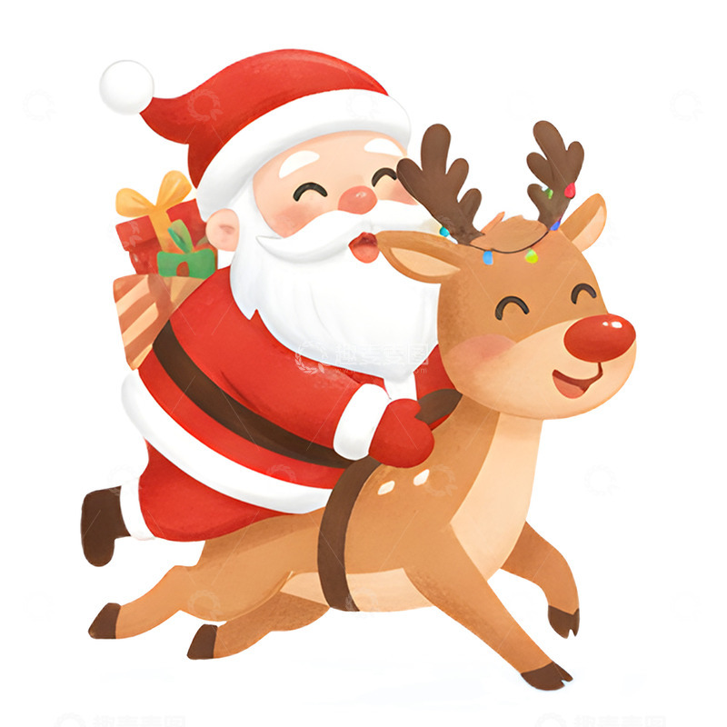 高清大图下载【趣麦麦图】圣诞节可爱圣诞老人和驯鹿免抠元素