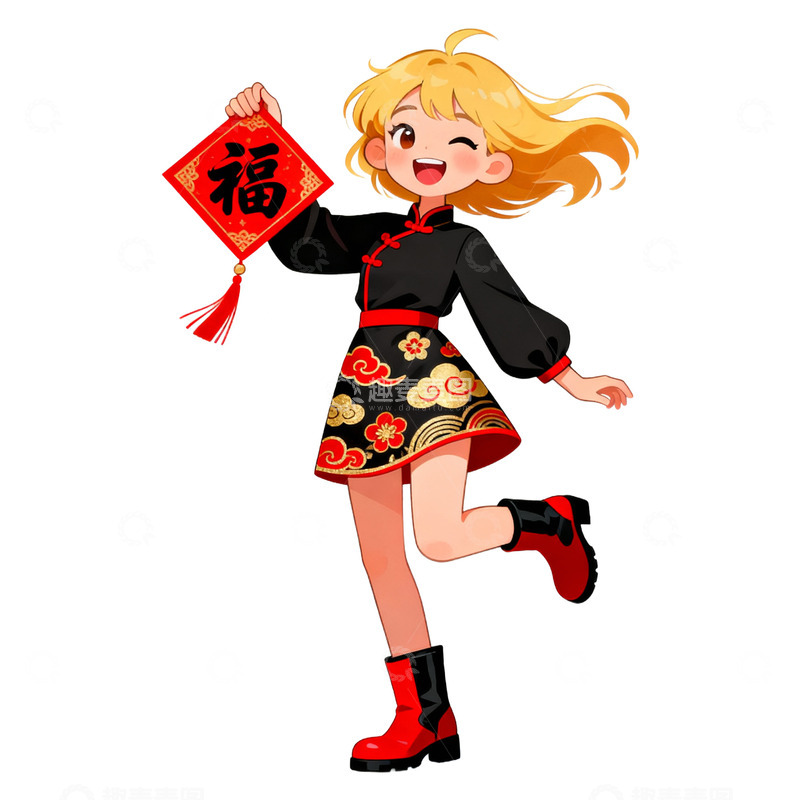 高清大图下载【趣麦麦图】卡通手绘国潮女孩拿着福字免抠元素
